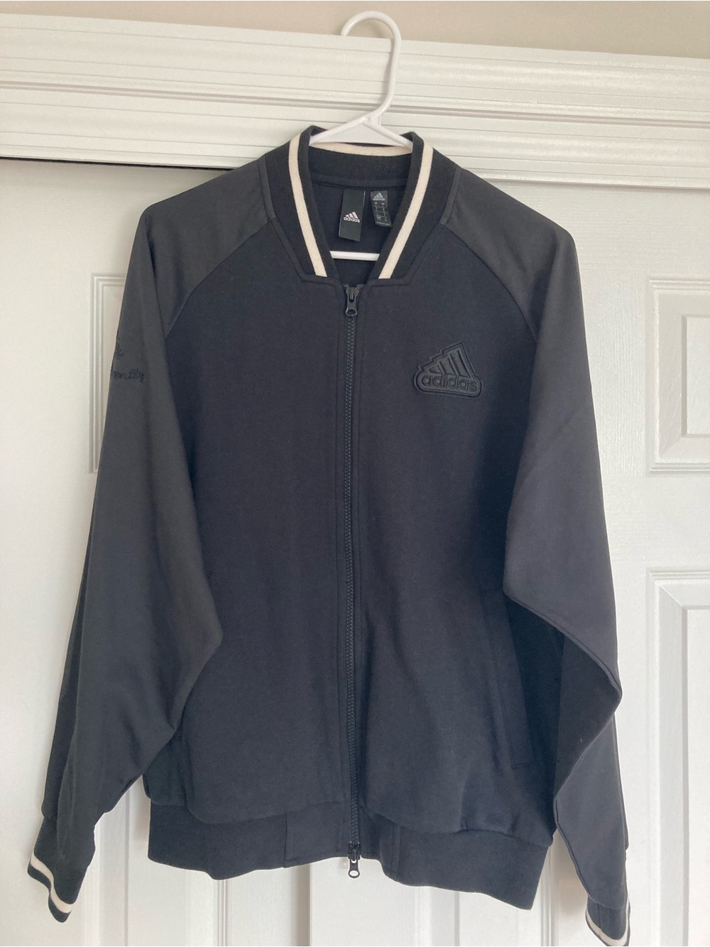 adidas Black Bomber Jacket with White-Trim Collar